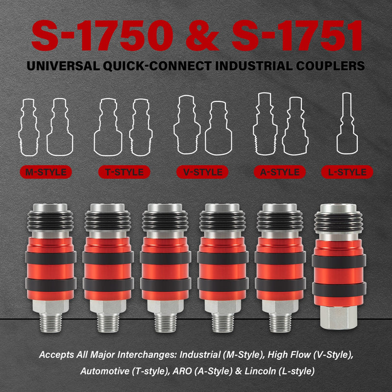 S-1750 S-1751 Universal Quick-Connect Industrial Couplers 1/4 M/FNPT 1/4 Body