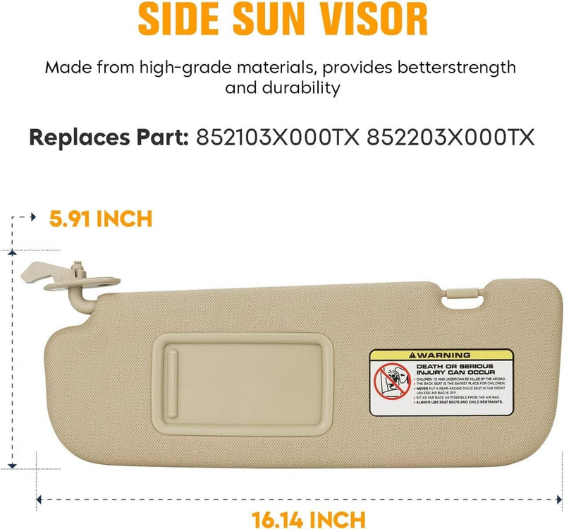 Beige Sun Visor w/Mirror Right & Left Side for 2011-2015 Hyundai Elantra