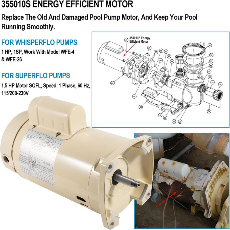 355010S Replacement Motor for Pentair WhisperFlo WFE-4/26 SuperFlo SF-N1-1/2-AE
