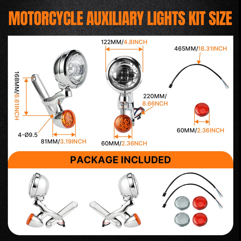 Chrome 4-1/2" LED Auxiliary Fog Spot Light Bracket Kit for Harley Street Glide