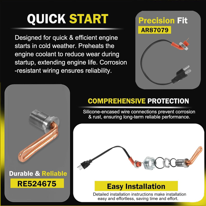 DZ102076 Engine Coolant Heater Kit for John Deere Tractors Engine Block Heater