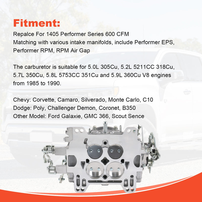 1405 Performer 600 CFM Square Bore 4 Barrel Carburetor Manual Choke Replace