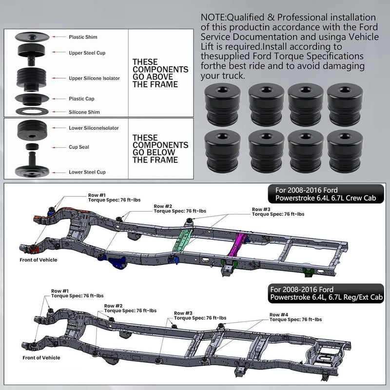 Body Mount Bushing Kit Silicone for Ford F250 F350 Super Duty Crew Cab