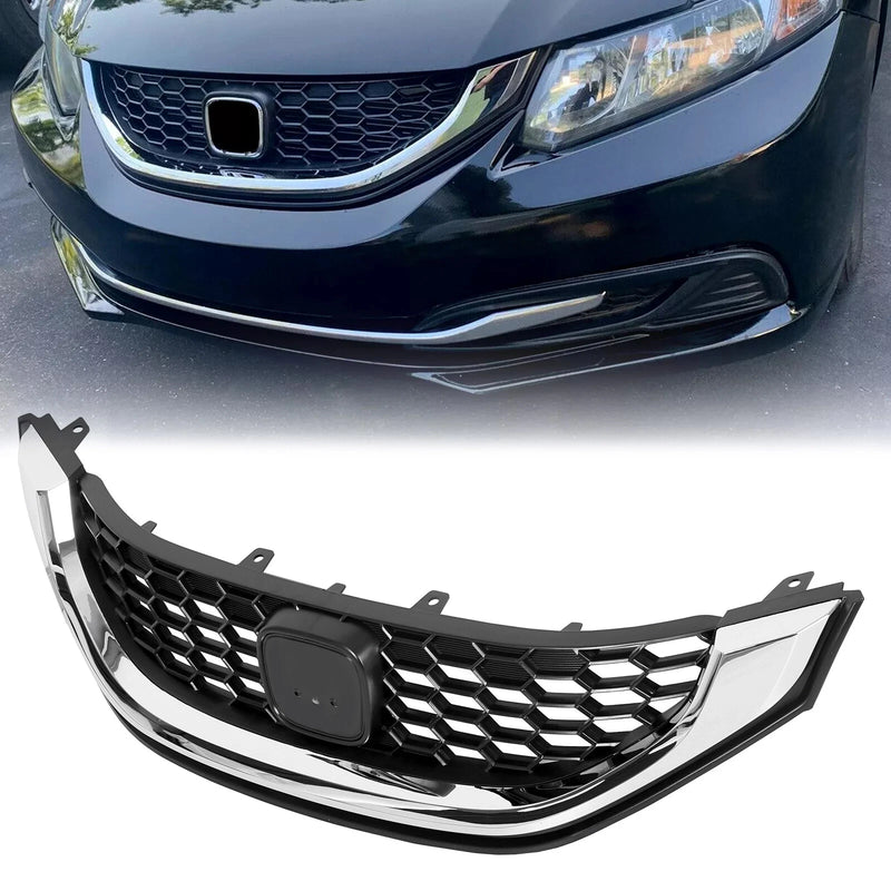 FIT 2013-2015 Honda Civic Sedan Front Bumper Upper Grille Grill W/Chrome Trim