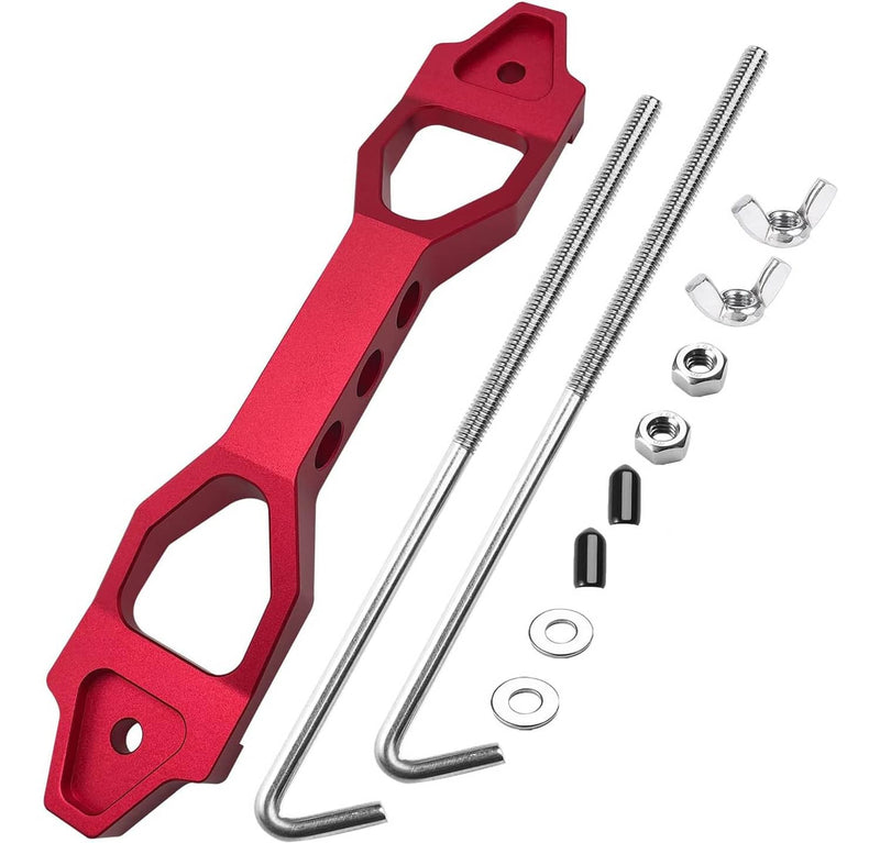 Battery Tie Down Mount Bracket Brace Bar 10 Inch J-Bolts Red Aluminum