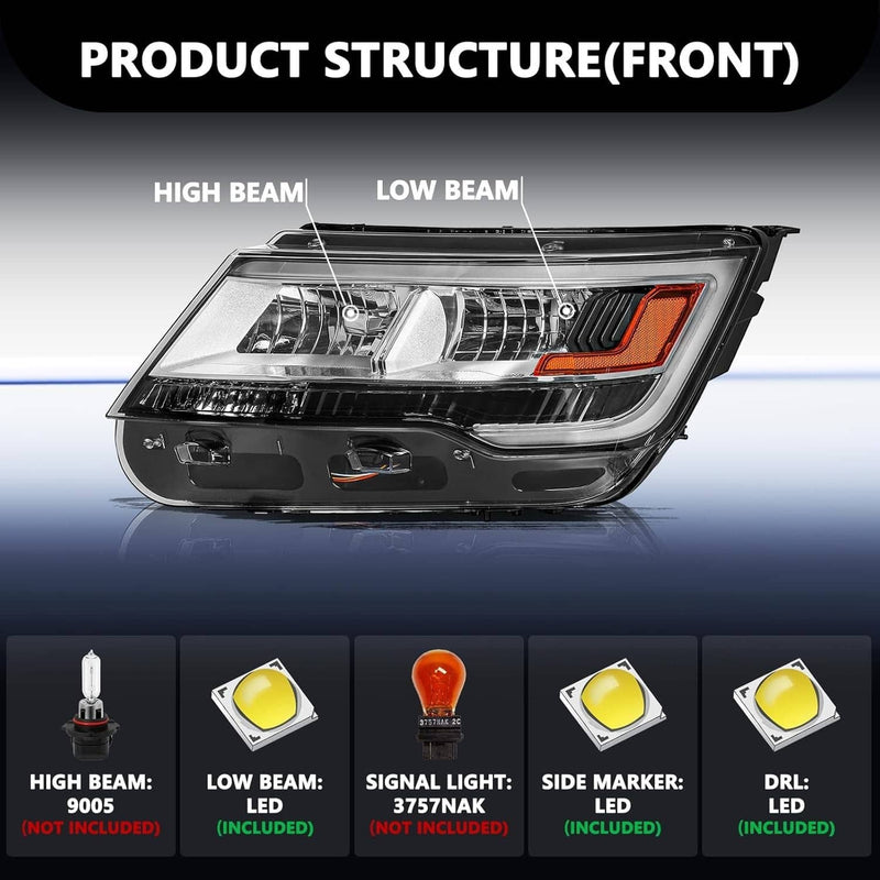 Driver Left Side Headlight with LED DRL for Ford Explorer 2016-2019 Chrome