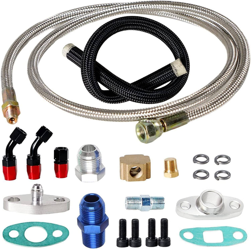 Oil Feed Line + 10AN Oil Drain Return Fitting for Turbo T3 T4 T6 GT45 T04E T66
