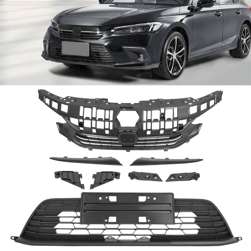 DURAFORCE Front Bumper Upper Lower Grille Eyelid Molding Set for Honda Civic 2022-2024