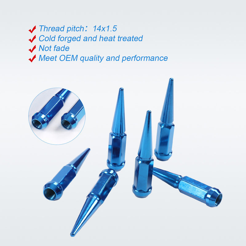 24PCS M14x1.5 Spike Lug Nuts 4.5 Tall Blue for 6 Lug GMC Chevy Ford With Key
