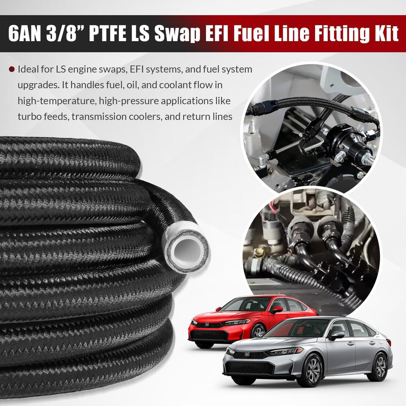 6AN 3/8" PTFE Fuel Line Kit Nylon Stainless Braided Hose 25FT 16Pcs
