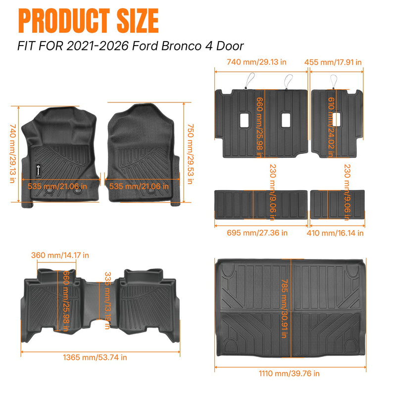 DURAFORCE All Weather Floor Mats Cargo Liner with Backrest Mat for Ford Bronco 4 Door
