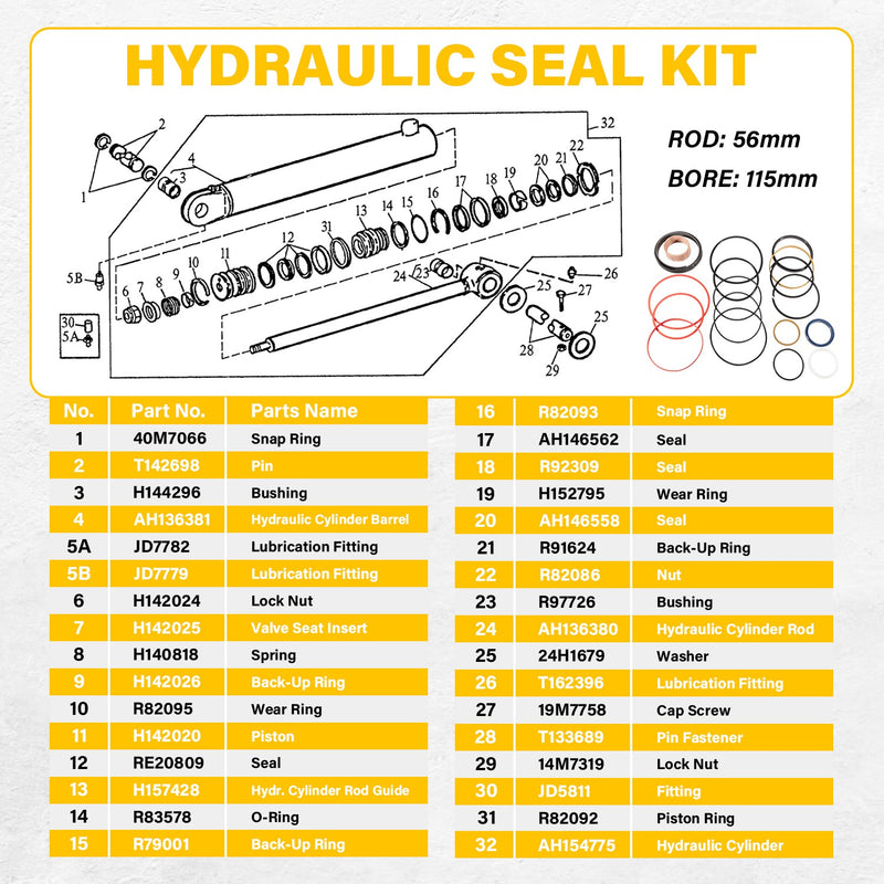 Hydraulic Seal Kit for John Deere 310D 315D 410D Backhoe Boom Cylinder