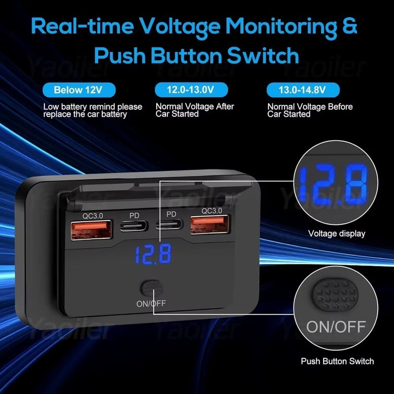 QC3.0 & PD Car Charger Socket Panel LED Voltmeter USB Power Outlet 12-24V for RV