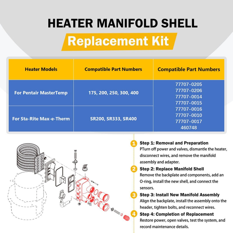 Pool Heater Manifold Assembly Replacement Kit for Pentair MasterTemp 300 400