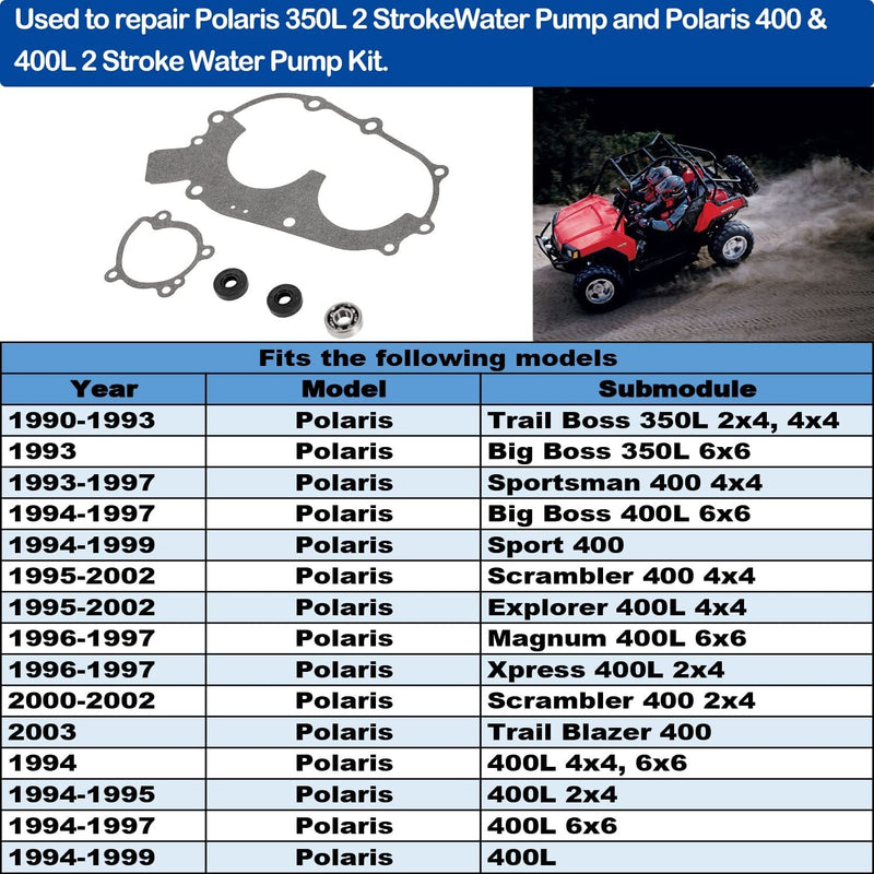Water Pump Seals & Gaskets Rebuild Kit for Polaris 350L 400 & 400L 2 Stroke