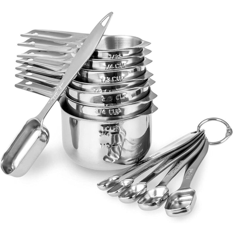 13 Piece Measuring Cups and Spoons Set 18/8 Stainless Steel Heavy Duty Silver