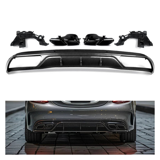 DURAFORCE Rear Carbon Fiber Color Bumper Diffuser Exhaust Tips for Benz W205 Sedan 15-18
