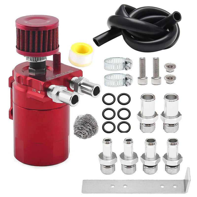 Red Oil Catch Can Tank Reservoir Breather Cylinder Filter Kit Aluminum