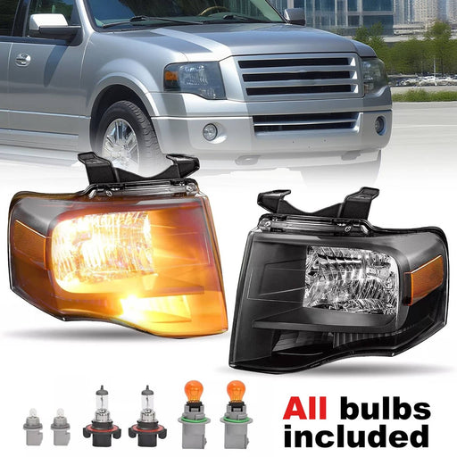 DURAFORCE Black Headlights Amber Corner With All Bulbs for Ford Expedition 2007-2014 Pair