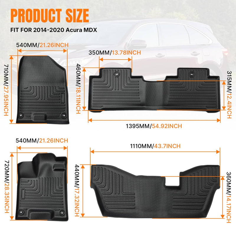 Floor Mats 3 Rows Liner Carpets for Acura MDX 2014-2020 TPE Rubber