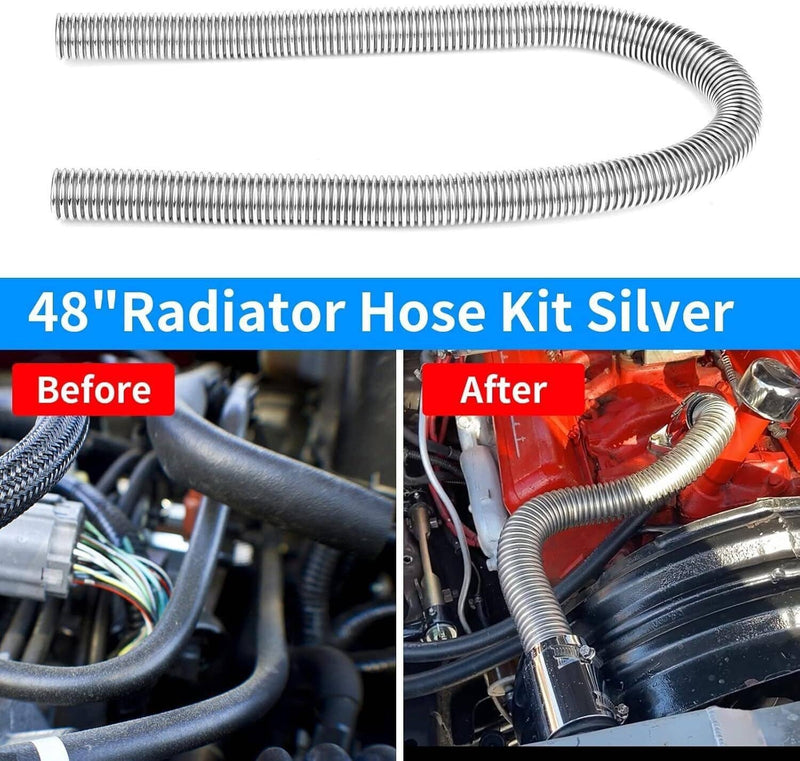 48" Universal Stainless Steel Radiator Flexible Coolant Water Hose Caps Kit