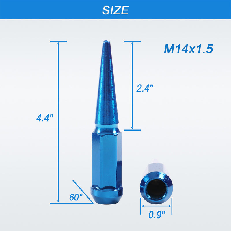 24PCS M14x1.5 Spike Lug Nuts 4.5 Tall Blue for 6 Lug GMC Chevy Ford With Key