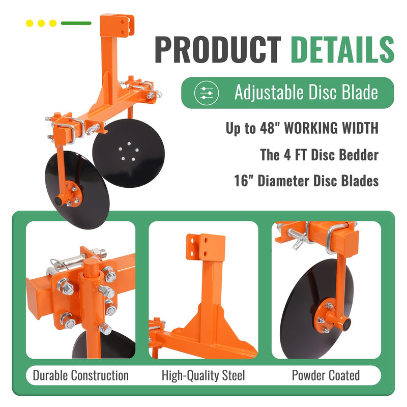 48" Adjustable Disc Bedder Disc Harrow for Cat 1 Tractors 3 Point Steel