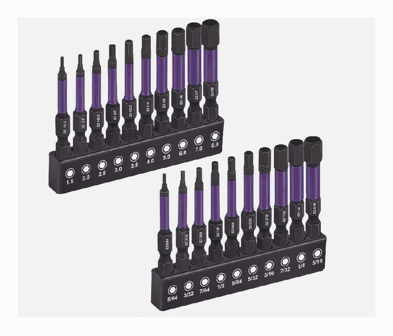 20PCS Allen Hex Bit Set 1/4 Hex Magnetic S2 Steel 2 Long Metric SAE DIY Tool