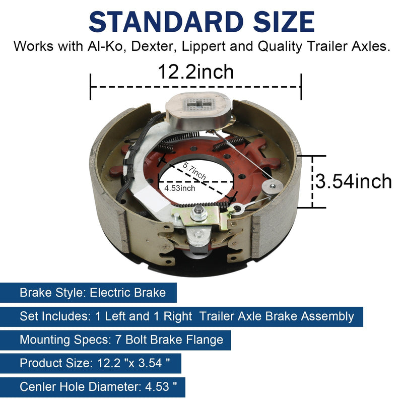 Electric Trailer Brake Assembly Pair for 10K lbs Axle 12-1/4"x3-3/8" Shields