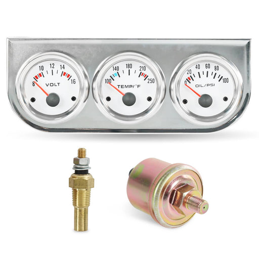 DURAFORCE Universal 52mm Volt Water Oil Pressure Triple 3 Gauge Set Chrome Kit