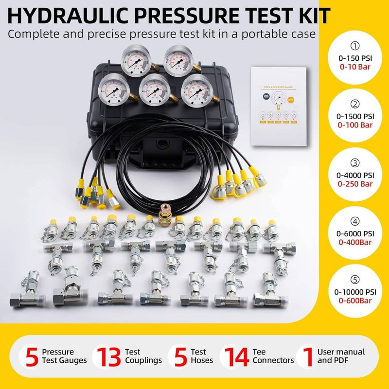 60Mpa Hydraulic Pressure Test Set 5 Gauges 13 Couplings 14 Tee Connectors