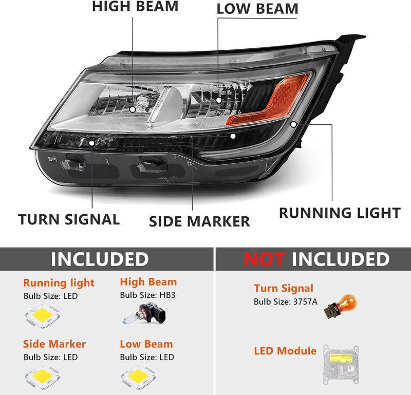 Driver Left Headlight w/LED DRL for Ford Explorer 2016-2019 Chrome Housing