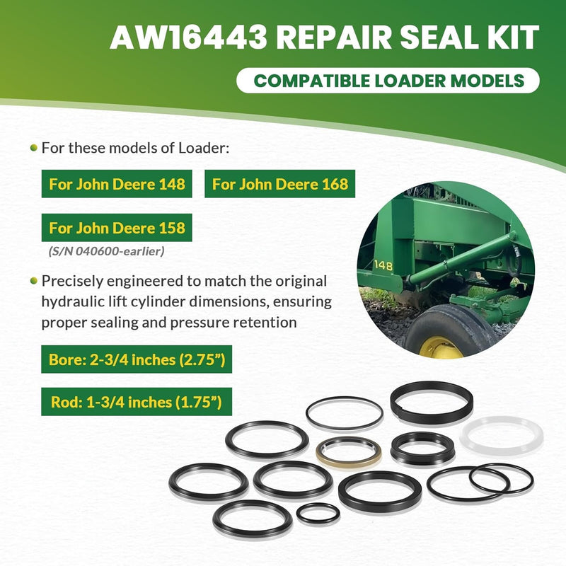 AW16443 Hydraulic Cylinder Seal Kit for John Deere 148 158 168 Farm Loader