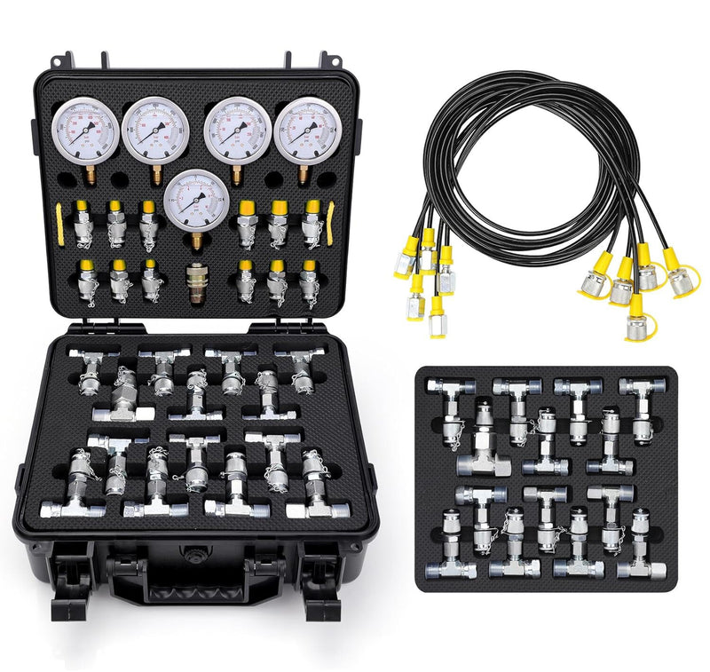 Hydraulic Pressure Test Kit 5 Gauges 13 Couplings 14 Connectors 5 Hoses 14 Tee