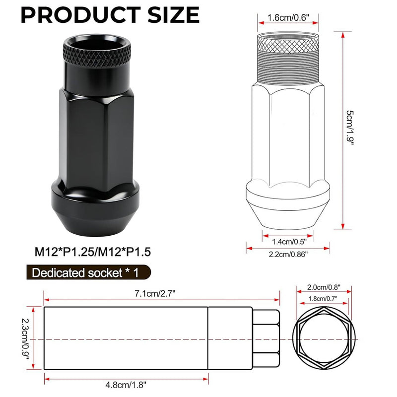 20Pcs M12x1.5mm Extended Open Ended Lug Nuts for Toyota Honda Black