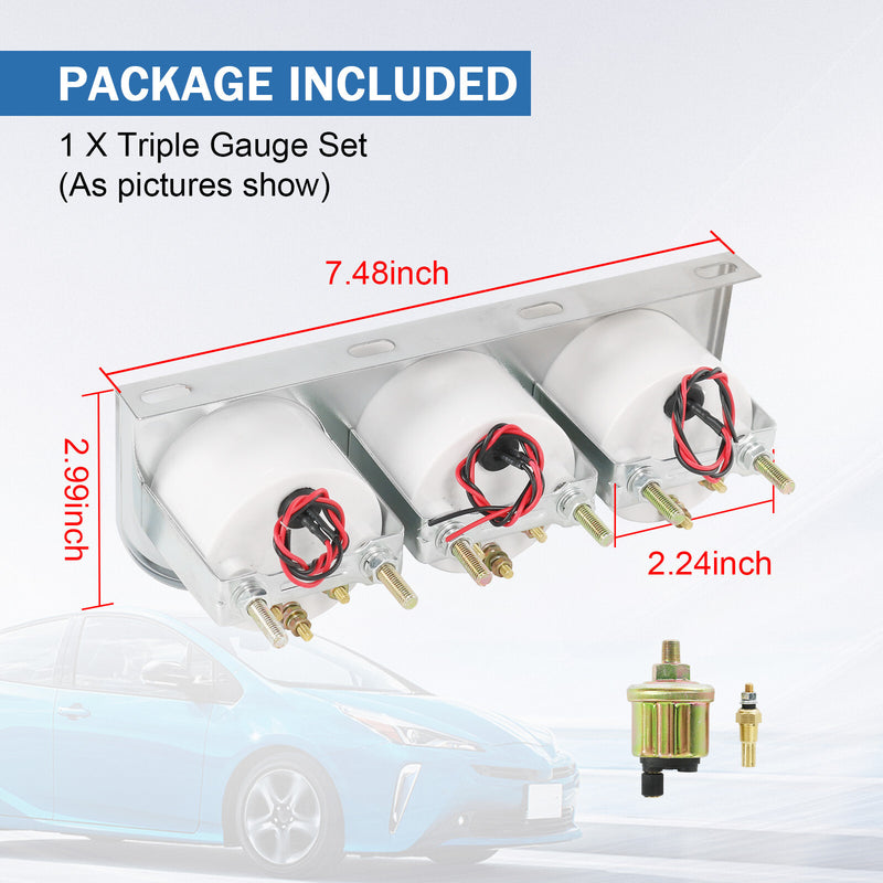 Universal 52mm Volt Water Oil Pressure Triple 3 Gauge Set Chrome Kit