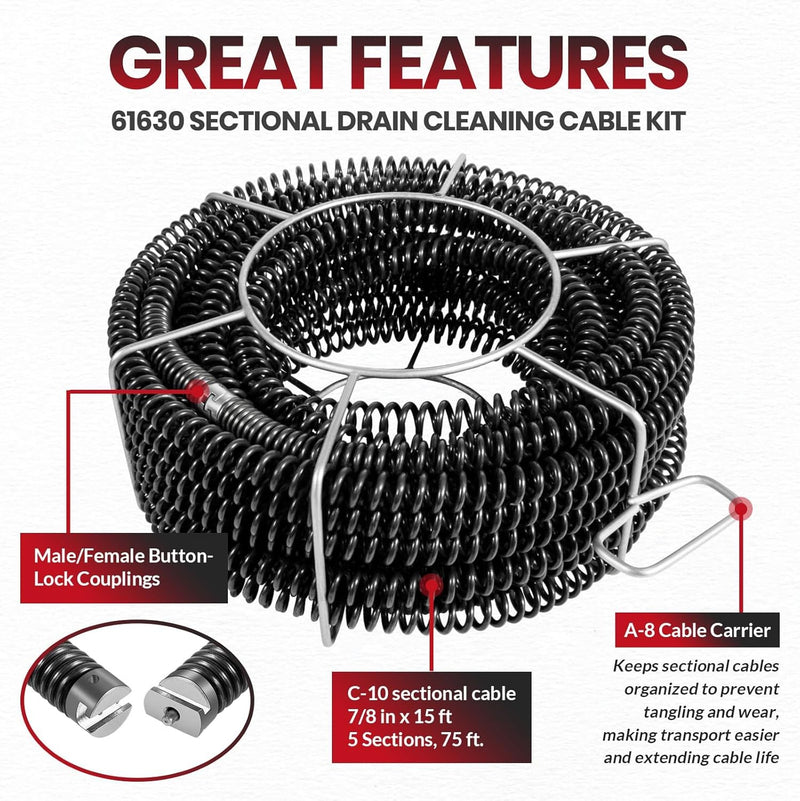 61630 Sectional Drain Cleaning Cable Kit Replace for RIDGID A-62 7/8" Cable Kit