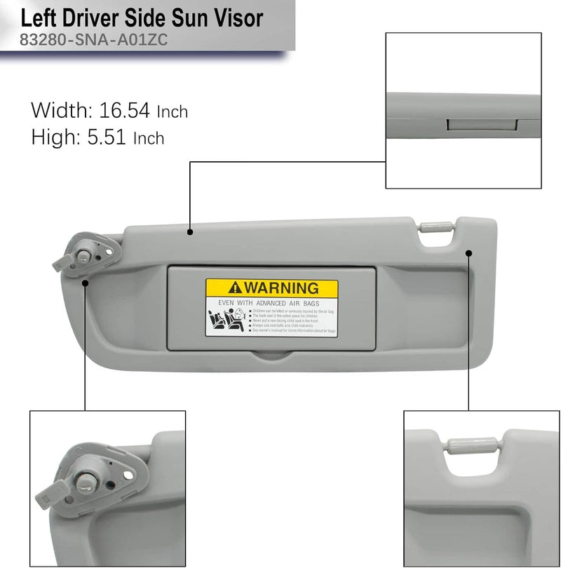 83280-SNA-A01ZC Left Driver Side Sun Visor for Honda Civic 2006-2011 Gray