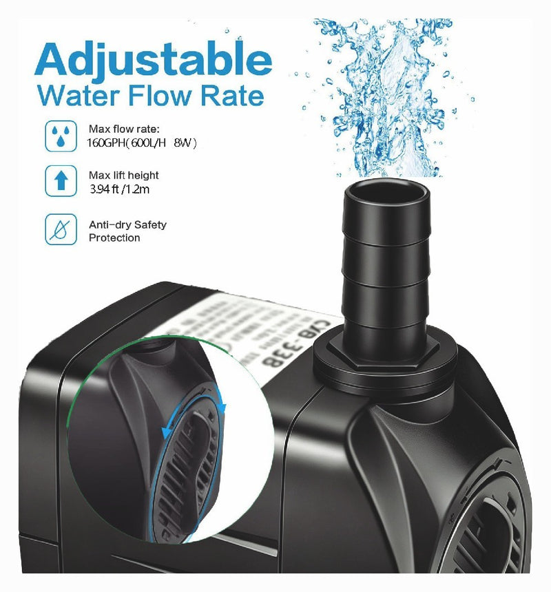 160GPH Aquarium Water Pump Adjustable Submersible Pump for Fish Tank Statuar