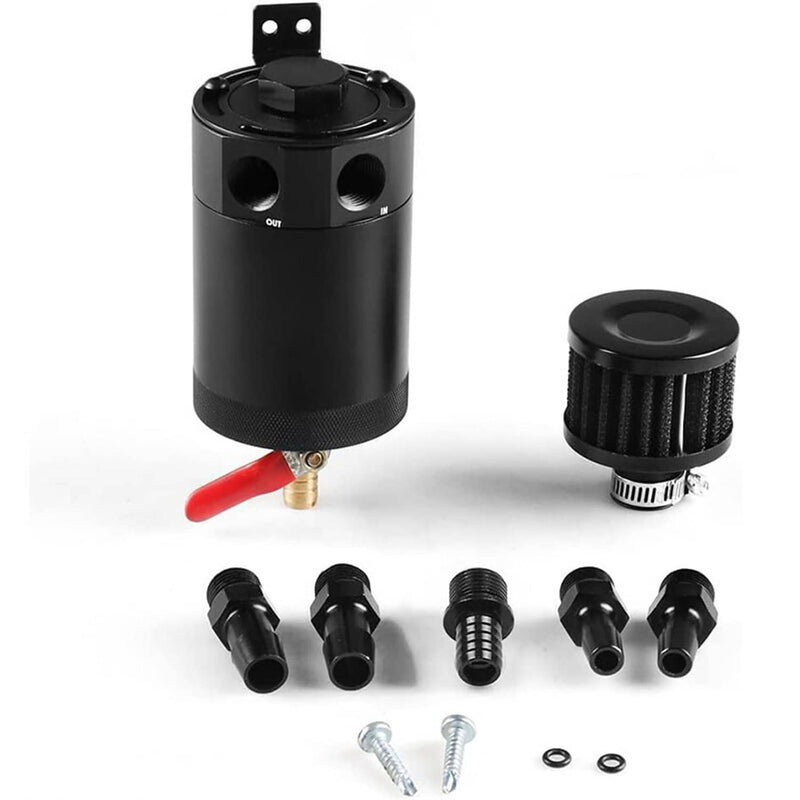 Black 2 Port Baffled Oil Catch Can Reservoir Tank Drain Valve Breather