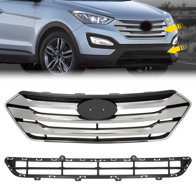 DURAFORCE Front Upper Lower Bumper Grille Set for Hyundai Santa Fe Sport 2013-2016