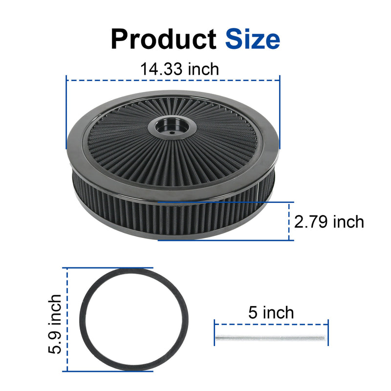14" X 3" Black Round High Flow Washable Air Cleaner Drop Base for SBC BBC