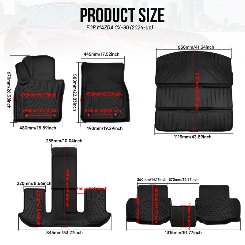 All Weather Floor Mats & Trunk Cargo Liner TPE for Mazda CX-90 3 Row 2024-2025