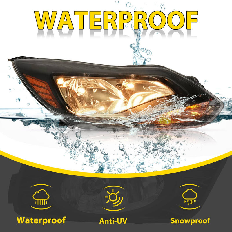 DURAFORCE Black Right Passenger Side Headlight Clear Lens Halogen for Ford Focus 2012-2014
