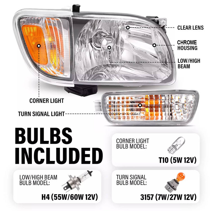 DURAFORCE Headlights Corner Signal Lights With All Bulbs for Toyota Tacoma 2001-2004 Pair