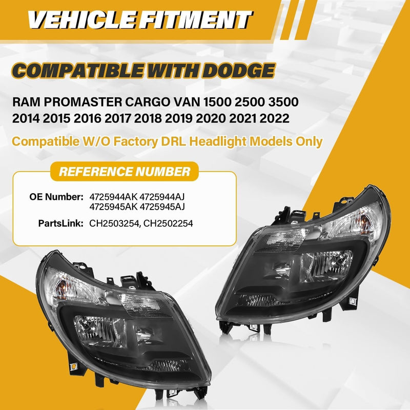 Left Right Headlights w/DRL for Dodge Ram ProMaster 1500 2500 3500 Black