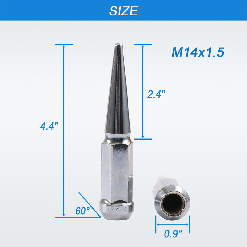 24 PCS M14x1.5 Spike Lug Nuts Chrome for Chevy Silverado Tahoe 4.4" With Key