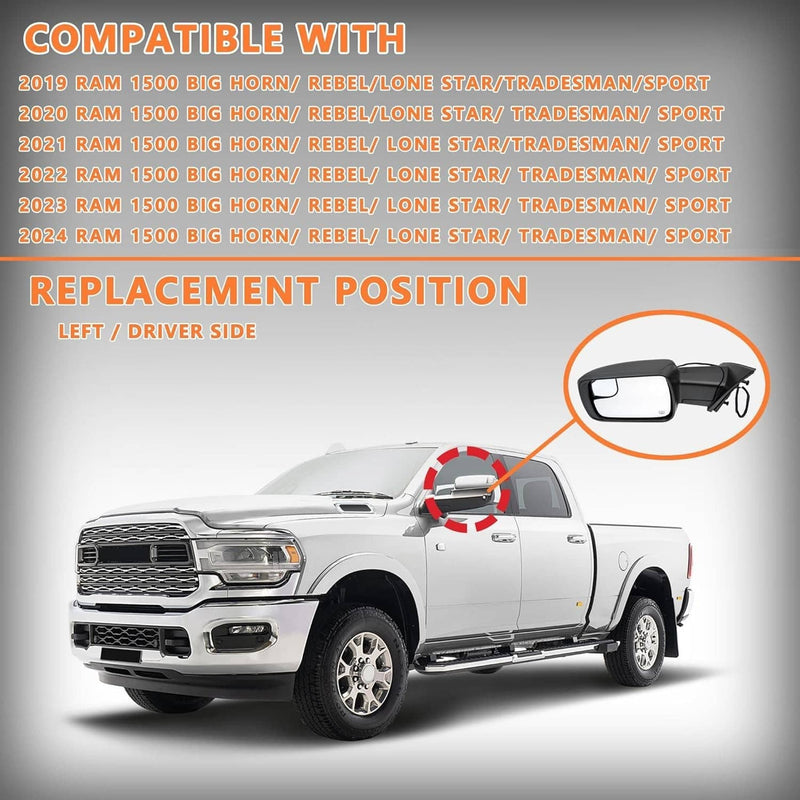 68462769AB Left Driver Side Mirror Heated Power Folding for Ram 1500 19-24