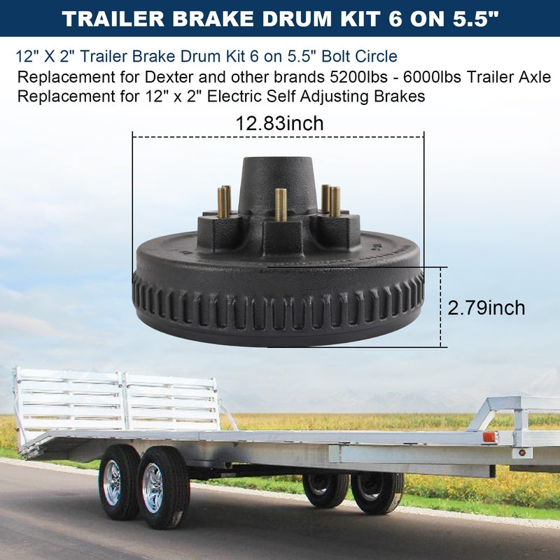 6 on 5.5" Hub Drum Kits with 12" x 2" Self-Adjusting Electric Brake