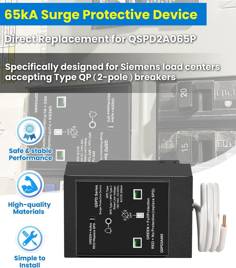 QSPD2A065P Plug-In Surge Protection Device for Siemens 2-Pole 65kA 120/240V